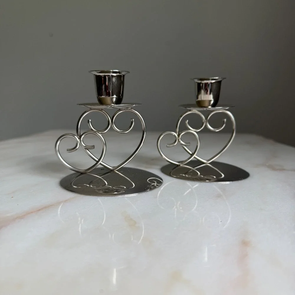 Vintage Silver Heart Taper Candle Holders Set of 2 Romantic‎ Wedding Decor 3.25